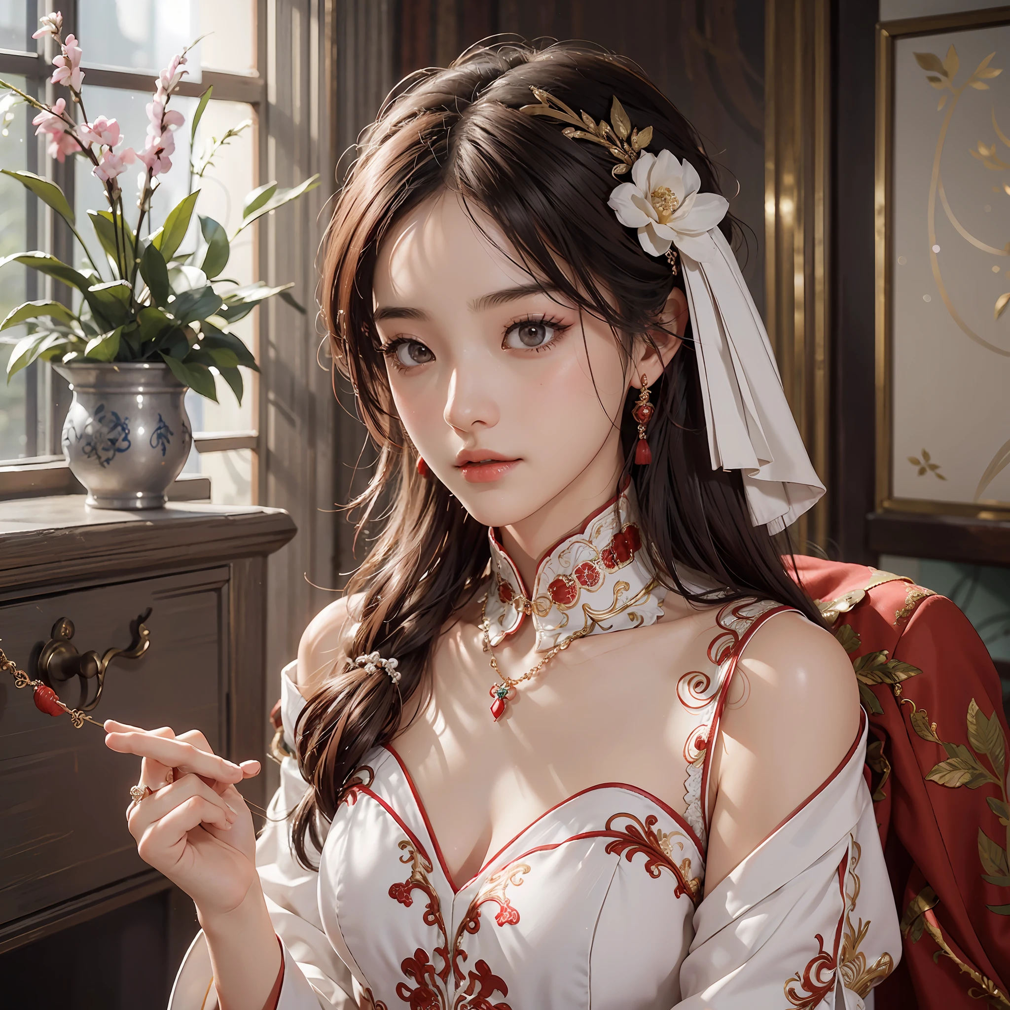(a Chinese bride, wearing a gorgeous Chinese wedding dress), (shy, tender, beautiful face, fair skin, bright eyes, elegant eyebrows, happiness and expectation, rosy lip color, soft face), (red clothing: 1.4), (wearing exquisite jewelry, rings, necklaces)), (exquisite materials, embroidery, beads, lace, slim tailoring, lace decoration), purity, romance, (body curves), pleated decoration, (cinematic quality), (Best quality: 1.2), (Realism: 1.4), (Indoor), Photoquality, ((Octane rendering)), close-up, photographic lighting