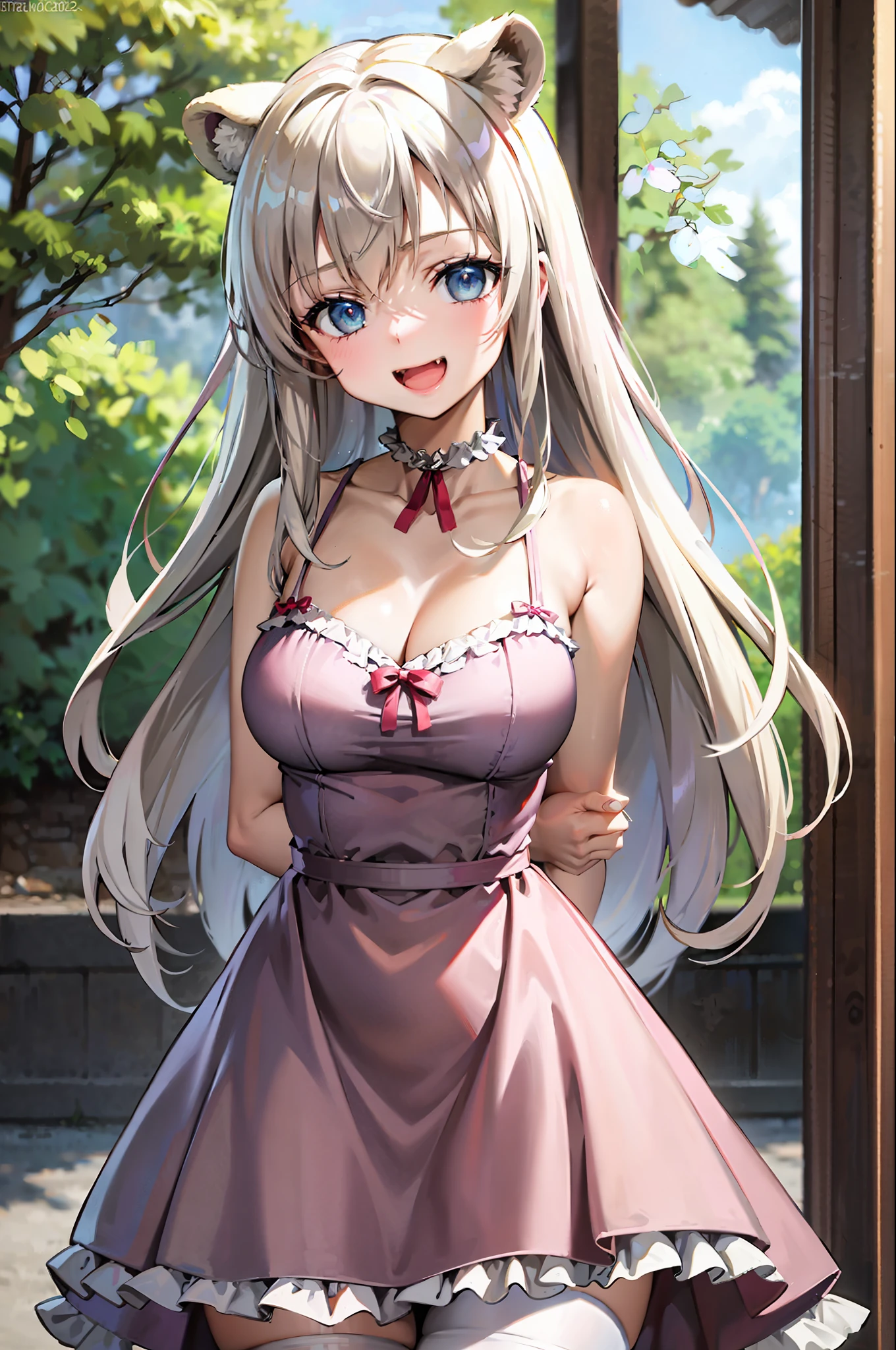 (leaning over:1.4), (masterpiece:1.2, best quality), (real picture, intricate details), 1girl, solo, absurdres, cowboy shot, standing, outdoors, :3, smile, bear girl, bear ears, ((light pink dress)), frills, very detailed dress, white thighhighs, platinum blonde hair, gray blue eyes, long hair, ((red strawberry choker)), smile, open mouth, one fang, large breasts, cleavage, sleeveless dress, arms behind back,