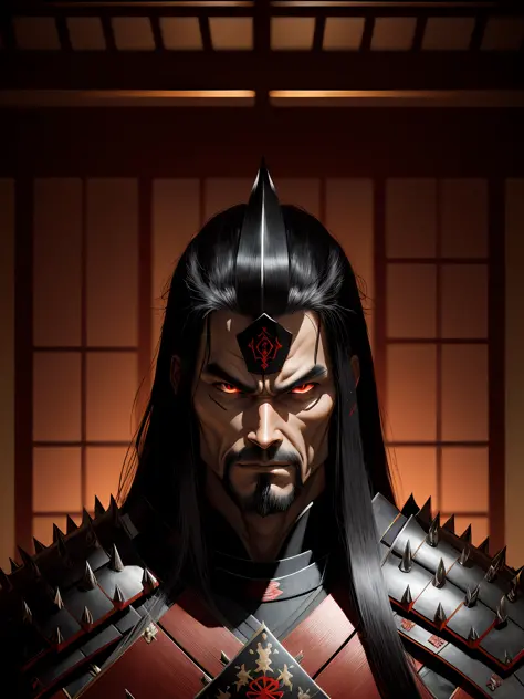 1 Evil warrior man in Japanese castle, wearing samurai armor, long straight hair, sinister look, drop shadow, halftone, vanishin...