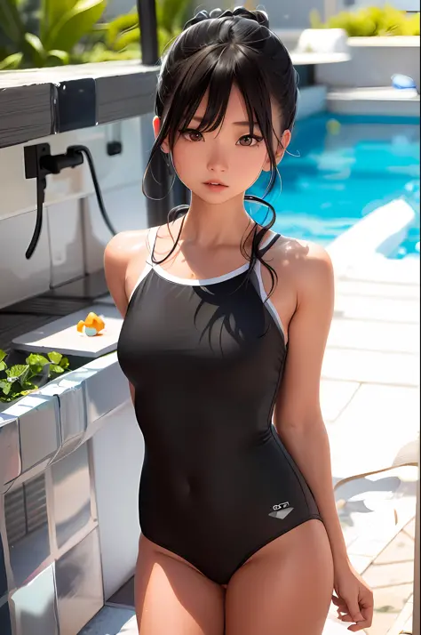 there is a woman in a black swimsuit standing by a pool, cute girl wearing tank suit, is wearing a swimsuit, wet swimsuit, swimsuit, wearing leotard, realistic young gravure idol, guweiz, black swimsuit, bathing suit, beautiful alluring anime teen, anime g...