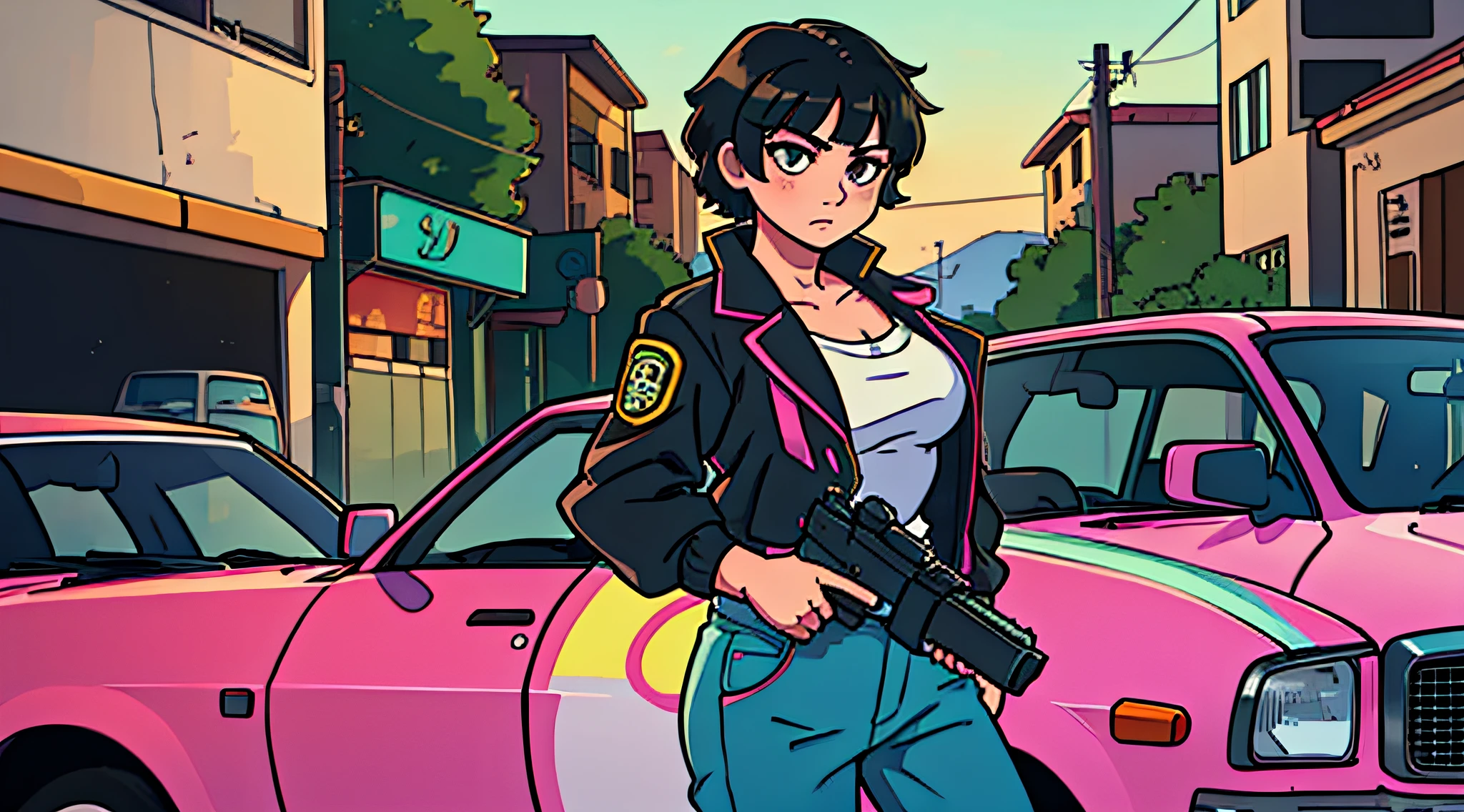 Estilo de arte GTA San Andreas, Menina anime, segurando uma arma, olhos pretos, cabelo curto, roupas dos anos 80, com cara séria, perto de um carro de luxo. --auto --s2