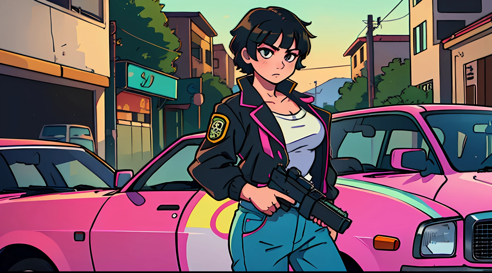 Art style GTA San Andreas, anime girl, holding a gun, black eyes, short hair, 80s clothes, with serious face, near a luxury car. --auto --s2