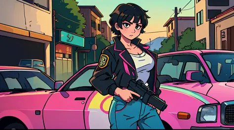 art style gta san andreas, anime girl, holding a gun, black eyes, short hair, 80s clothes, with serious face, near a luxury car....