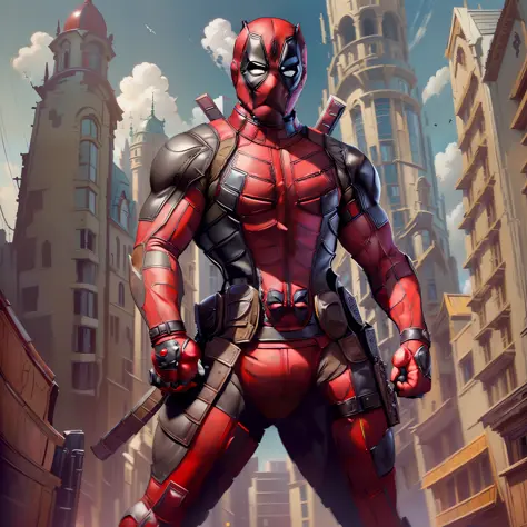 (Masterpiece, Superb Quality, Super Detailed, High Resolution), Male Focus, (((Deadpool))), (((Muscle))), (((Muscle Detail))), (Deadpool Armor)))),) He didn't hold a weapon), (((Fists with both hands))), posing for photos, Dark Night, City Ruins, Backgroun...