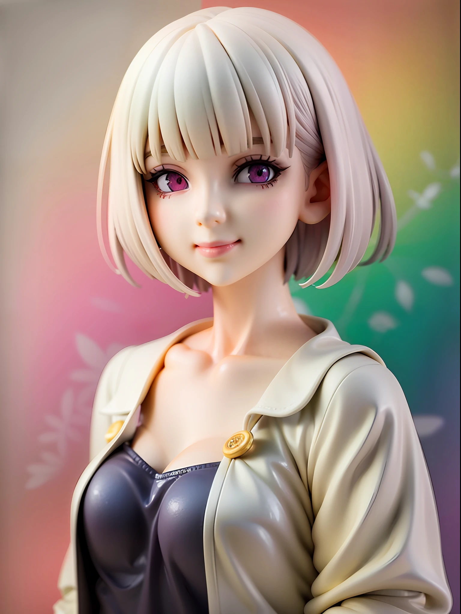 white dress, colorful decorations, short hair, bob cut, white hair, casual pose, abstract colorful background, beautiful eye, closed mouth, smile, female protagonist, young girl, colorful eyes, casual clothes, short bob cut hair, light themed, color sprinkles,