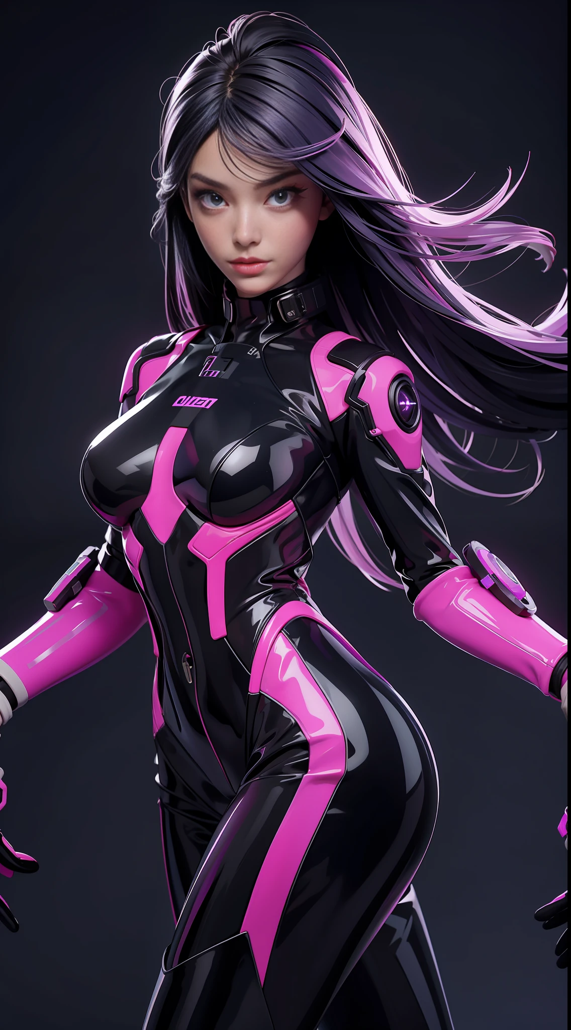 solo, super fine photo, portrait Unreal Engine 5 8K UHD of beautiful and cute girl, lavender and black color scheme tight cybernetic latex catsuit with latex dress outwear, cybernetic glove, futuristic design, orchid neon lights details, beautiful make up, luxurious, best quality, masterpiece, official art, unified 8k wallpaper, super detailed, sharp focus, dynamic pose, body parts