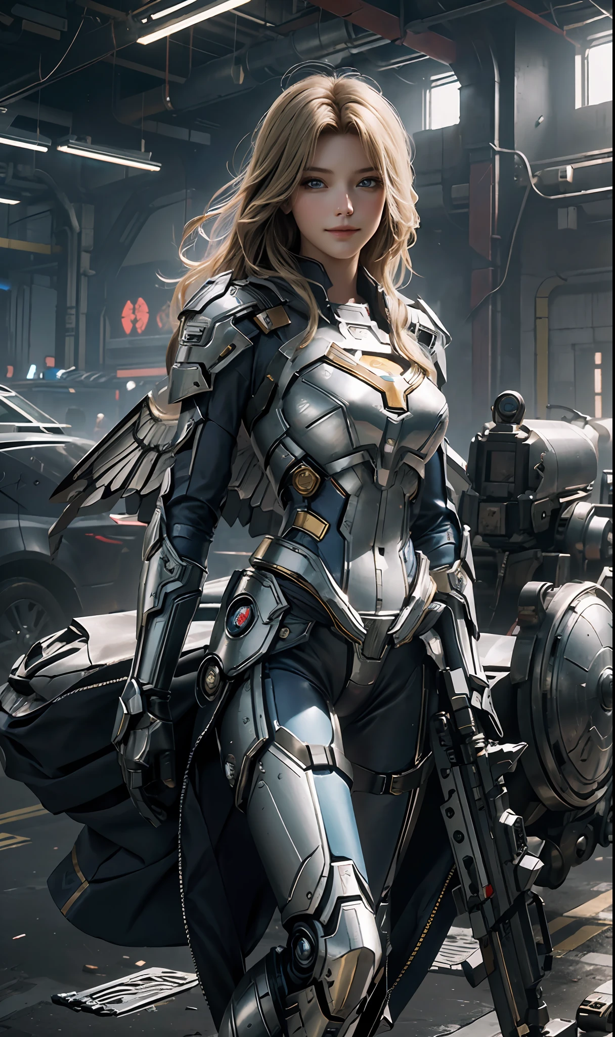 Supergirl masterpiece, (best quality), highly detailed, ultra-detailed, 1supergirl, (mechanicalwings: golden, glowingeyes: blue, silverarmor: 1.2, elongated ears: 0.8), (cyberpunkcity: 1.5, weapon: energyblade), (fantasylandscape: 1.2, natural lighting: 1.5, confidentexpression), (panorama: 1.2), blonde, with superman symbol S on the chest, mecha, smile, blue eyes, angle, angels, wings,