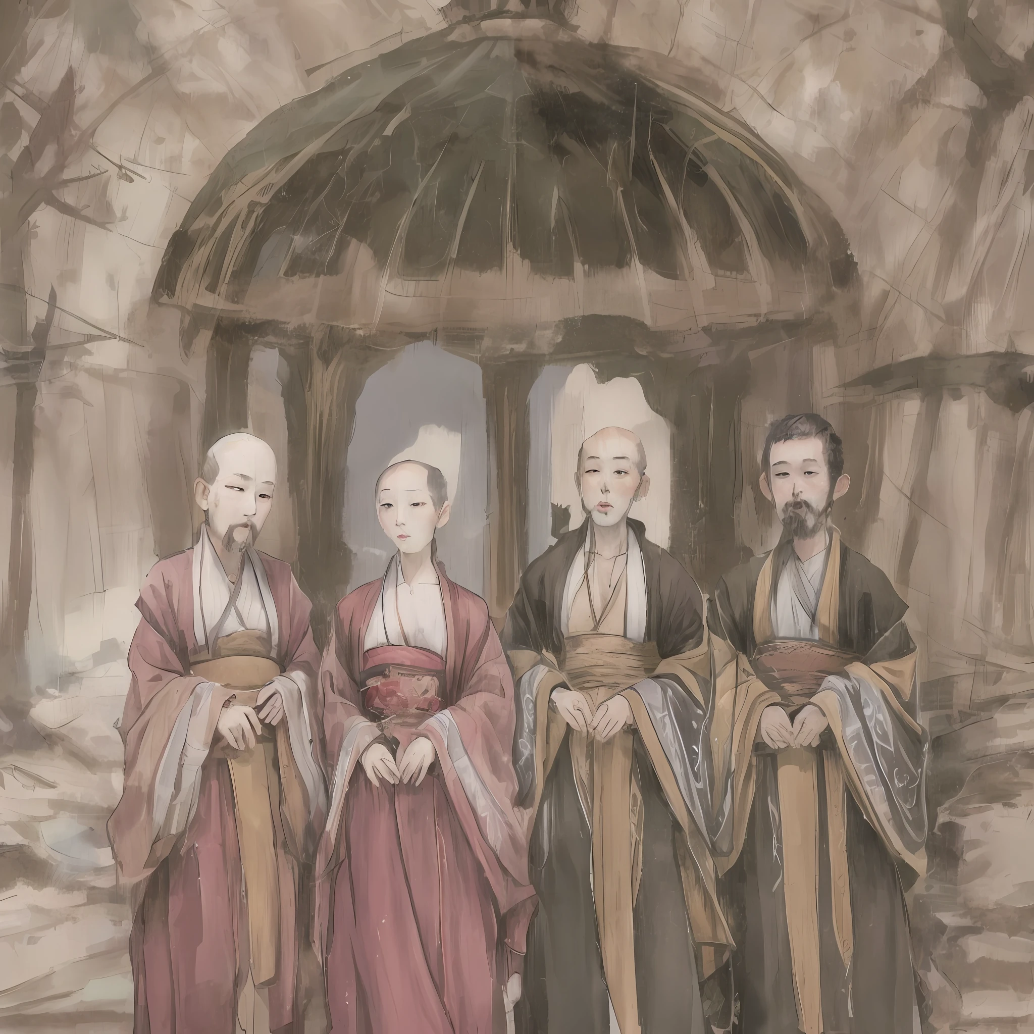 Drei alte japanische Mönche in Mönchskleidung und Glatze --auto --s2 -  SeaArt AI