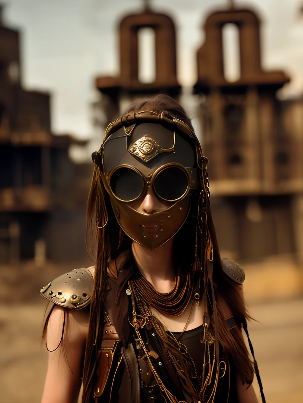 Beautiful skinny girl, mask, wasteland warrior, leather, belt, rivets, chain, rope, bronze, yellow sand, rusty steel structure against the background of city ruins, ((intricate details)), HDR, (intricate details, hyper-detail)), cinematic lens, vignette, perfect (((gorgeous face))), highly detailed, intricate, photorealistic, cinematic lighting