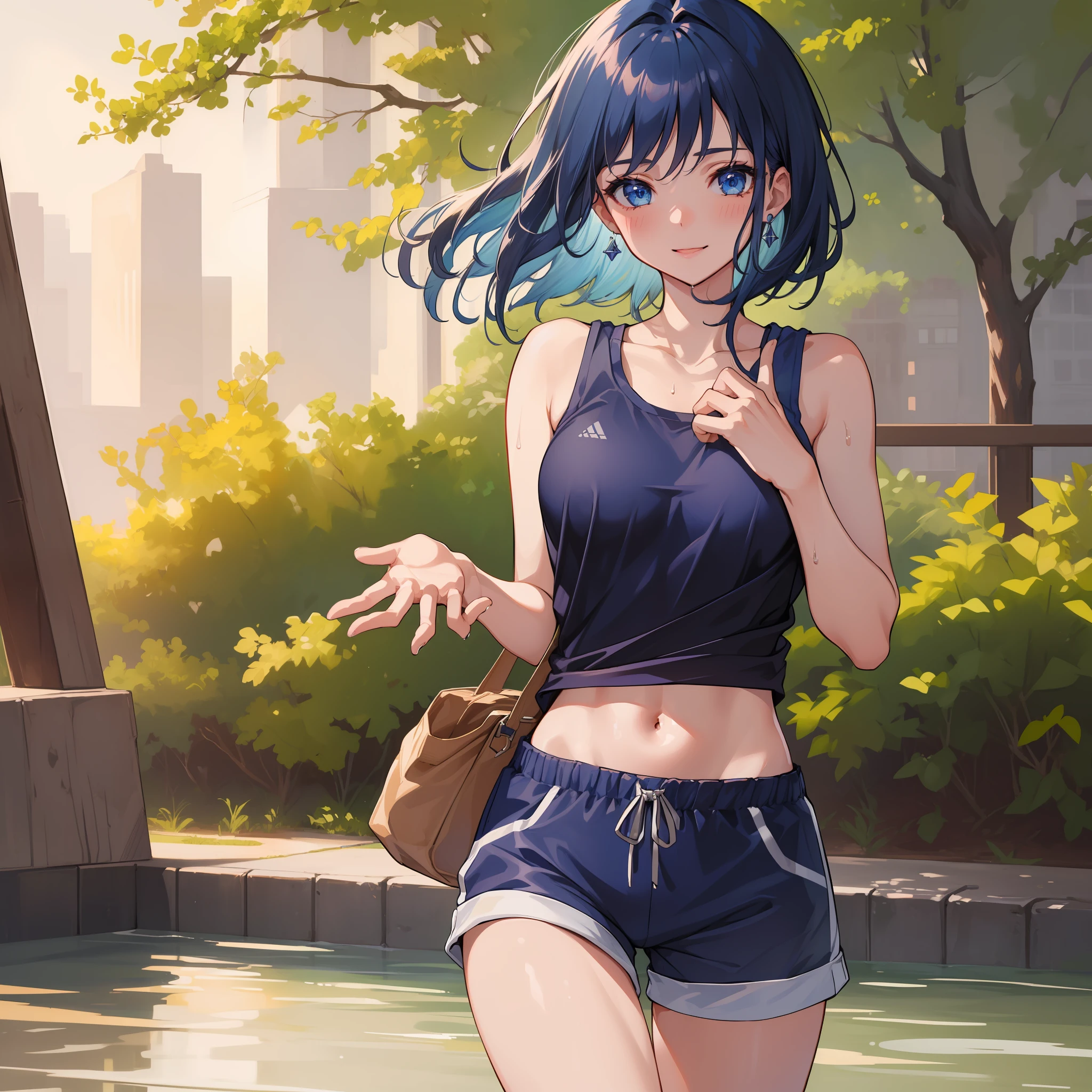 (masterpiece), ((highest quality)), (super detailed), (((perfect body))), 1 girl, (((dark blue hair)), short hair, dark blue eyes, blue sports top, white sports shorts, park, navel, wet: 1.1, jogging, blush, medium breast, collarbone, smile, perfect hands, perfect hands, hand details, corrected fingers. Earrings, looking_at_viewer, cowboy shots, rich detail, perfect image quality