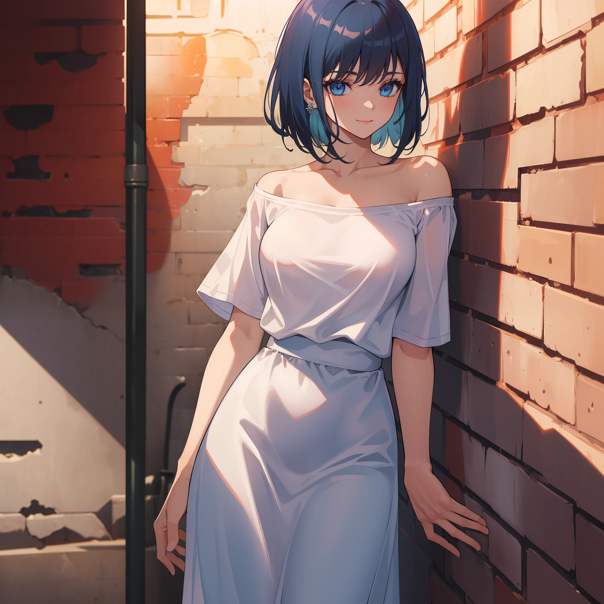(Masterpiece), ((Best Quality)), (Super Detailed), (((Perfect Body)))), 1 Girl, (Oversized White T-Shirt), (Oversized Shirt: 1.2 Inch), Dark Blue Hair, Dark Blue Eyes, Short Hair, Off Shoulder, Towards Wall, Brick Wall, Graffiti, Dim Lighting, Alley + Background, Medium Breasts, Prank Smile, Perfect Hands, Perfect Hands, Hand Details, Modified Fingers. Earrings, looking_at_viewer, cowboy shots, rich detail, perfect image quality