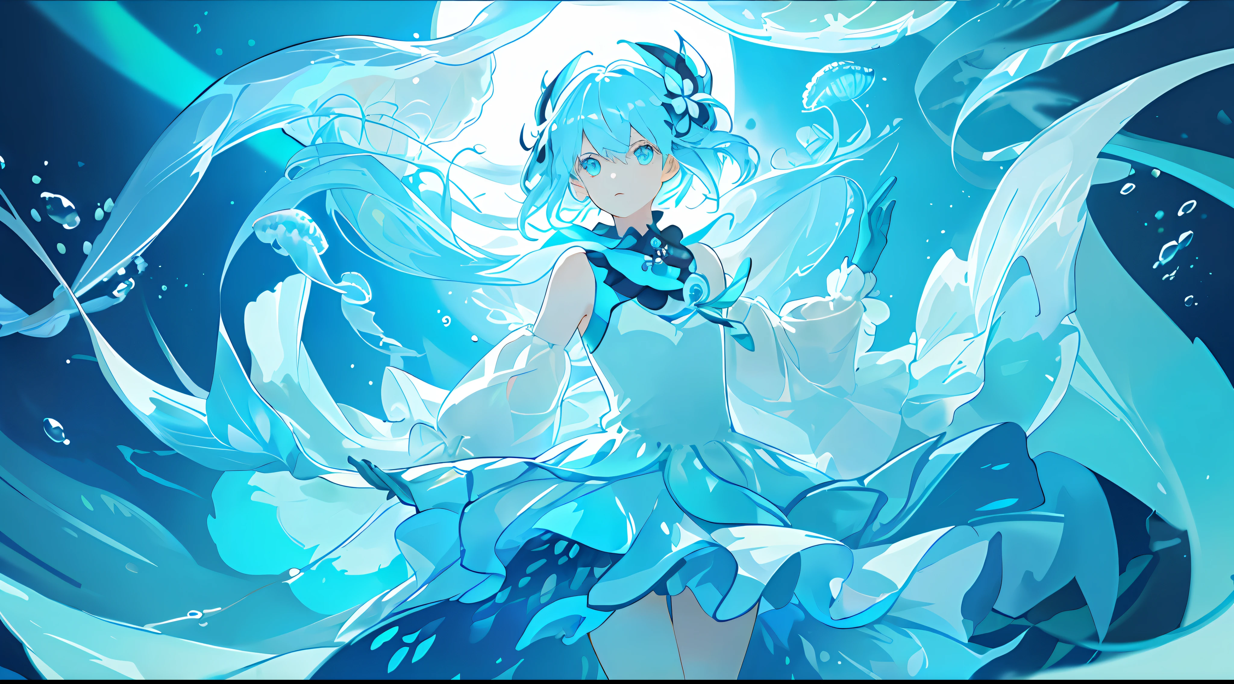 ((masterpiece,best quality)),(negative space:1.2),(1girl, solo:1.4),beautiful detailed eyes,floating hair, underwater, bubble, fish, (jellyfish), fluorescence,sea turtle, seaweed,