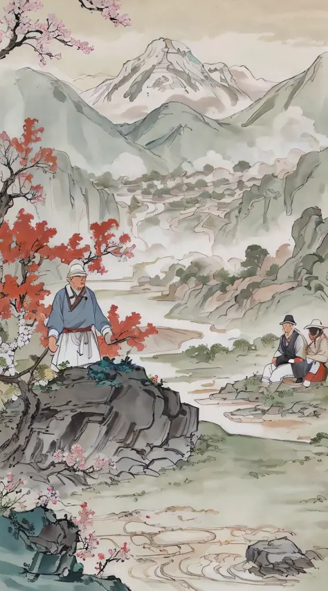 chinese painting, mountain, rock, flower, grass, river, tree, mountain in the distance, (4 people) (sitting old man), (walking f...