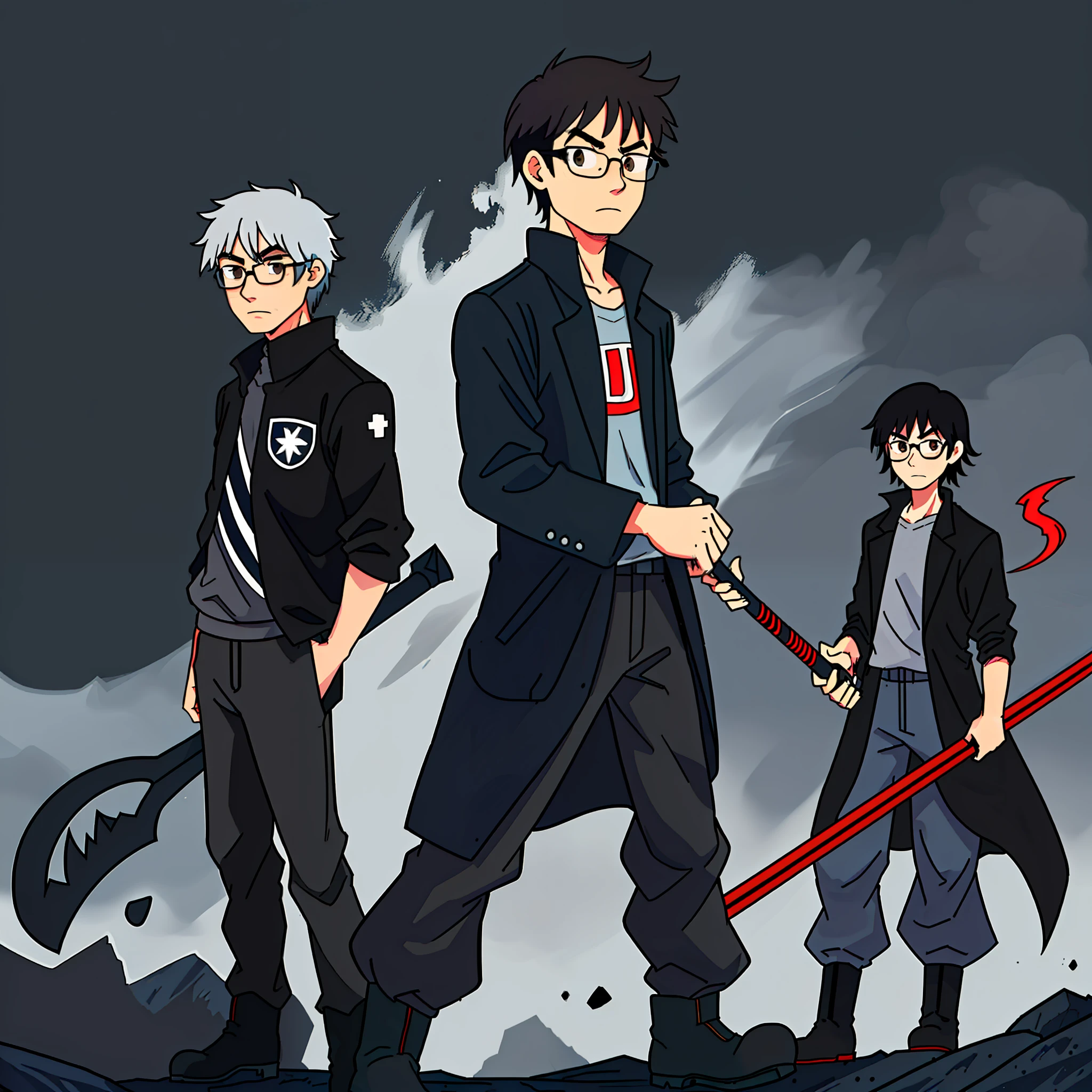 ((best quality)), ((detailed1,4)), ((HQ)), ((manga)) image of a man vom black overduct with short sleeves, gray sweatshirt under overcoat, black pants with dark blue stripe but sides, small red square glasses, white half large hair, holding a scythe, brown eyes, wearing boots. Battle pose. Dark landscape destroyed