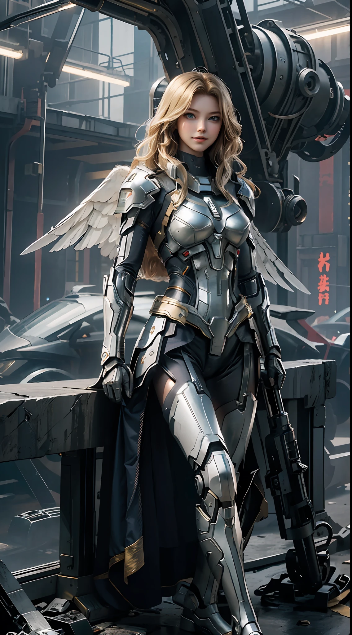 Supergirl masterpiece, (best quality), highly detailed, ultra-detailed, 1Supergirl, (mechanicalwings: golden, glowingeyes: blue, silverarmor: 1.2, elongated ears: 0.8), (cyberpunkcity: 1.5, weapon: energyblade), (fantasylandscape: 1.2, natural lighting: 1.5, confidentexpression), (panorama: 1.2), mecha, blonde, smile, blue eyes, angle, angels, wings, with Superman's S on his chest.