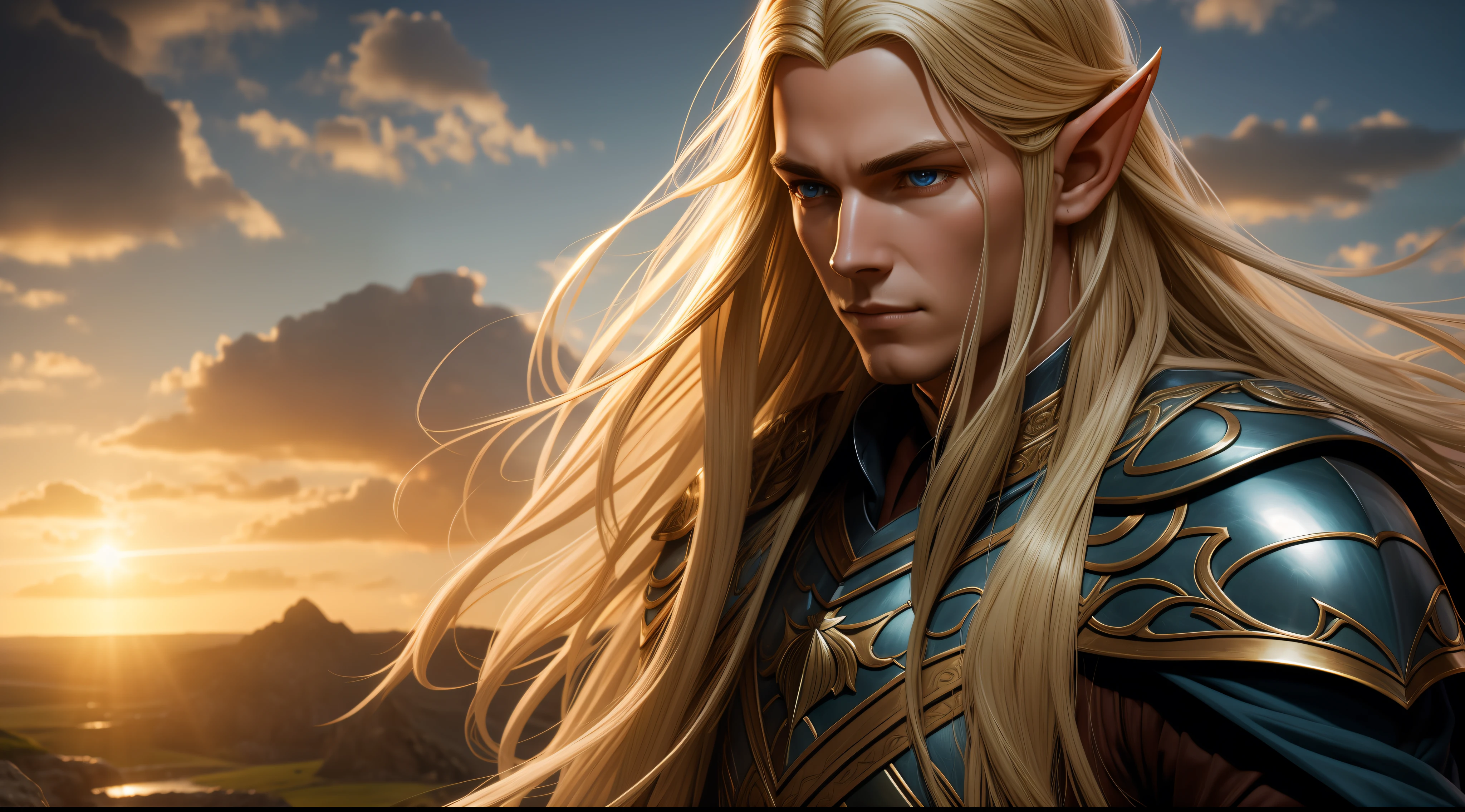 Elf Glorfindel realistic, beautiful elf, long hair with sunshine, blonde hair, lord of the rings, the SILMARILLION (backlighting: 1.2), (flowering: 1.2), (bright light: 1.1), (chromatic aberration: 1.2), sharp focus, high contrast, (cinematic lighting: 1.2), movie trailer image, fantasy movie, (screen lighting: 1.1) Realism, Ultra-Wide Angle, 135mm, atmospheric perspective, 8k,  Super Detail, Award Winning, Textured Skin, Super Detail, 16K, Anatomically Correct