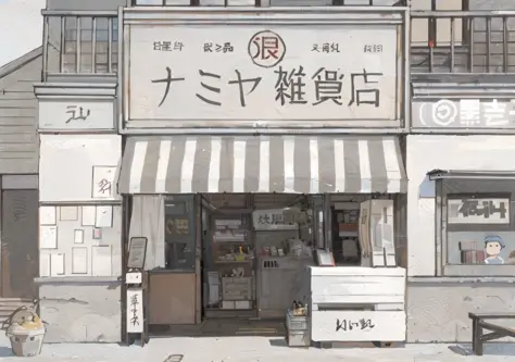 drawing of a storefront with a sign that says chinese, storefront, in front of ramen shop, lo-fi illustration style, by sengai, ...