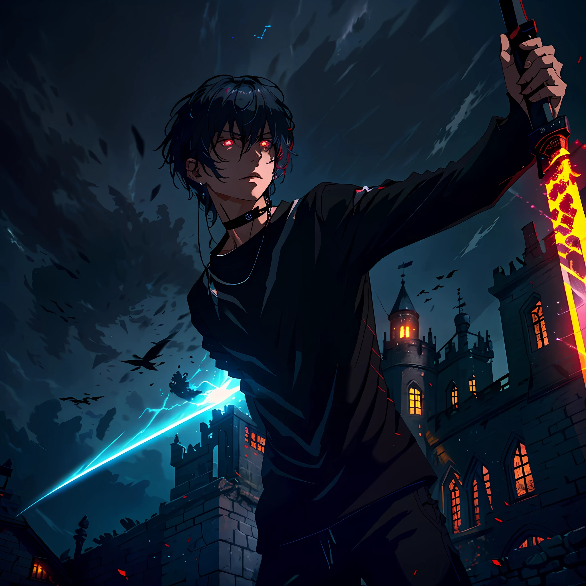 black hair, messy hair, short hair, undercut, neck tattoo, arm tattoo, chest tattoo, muscular constitution, black tunic with long sleeves, black pants glued, wielding a sword, medium sword, sword with black handle and vibrant red hand guard, metallic gray blade, vibrant eye color, yellow and red eye, close up shot, creating a cut in space time,  powerful aura, destroyed castle, very dark, night, 8k, 64k, HD, incomparable masterpiece, dynamic lighting, cinematic, epic digital art of the highest quality, stunning art, 4k wallpaper