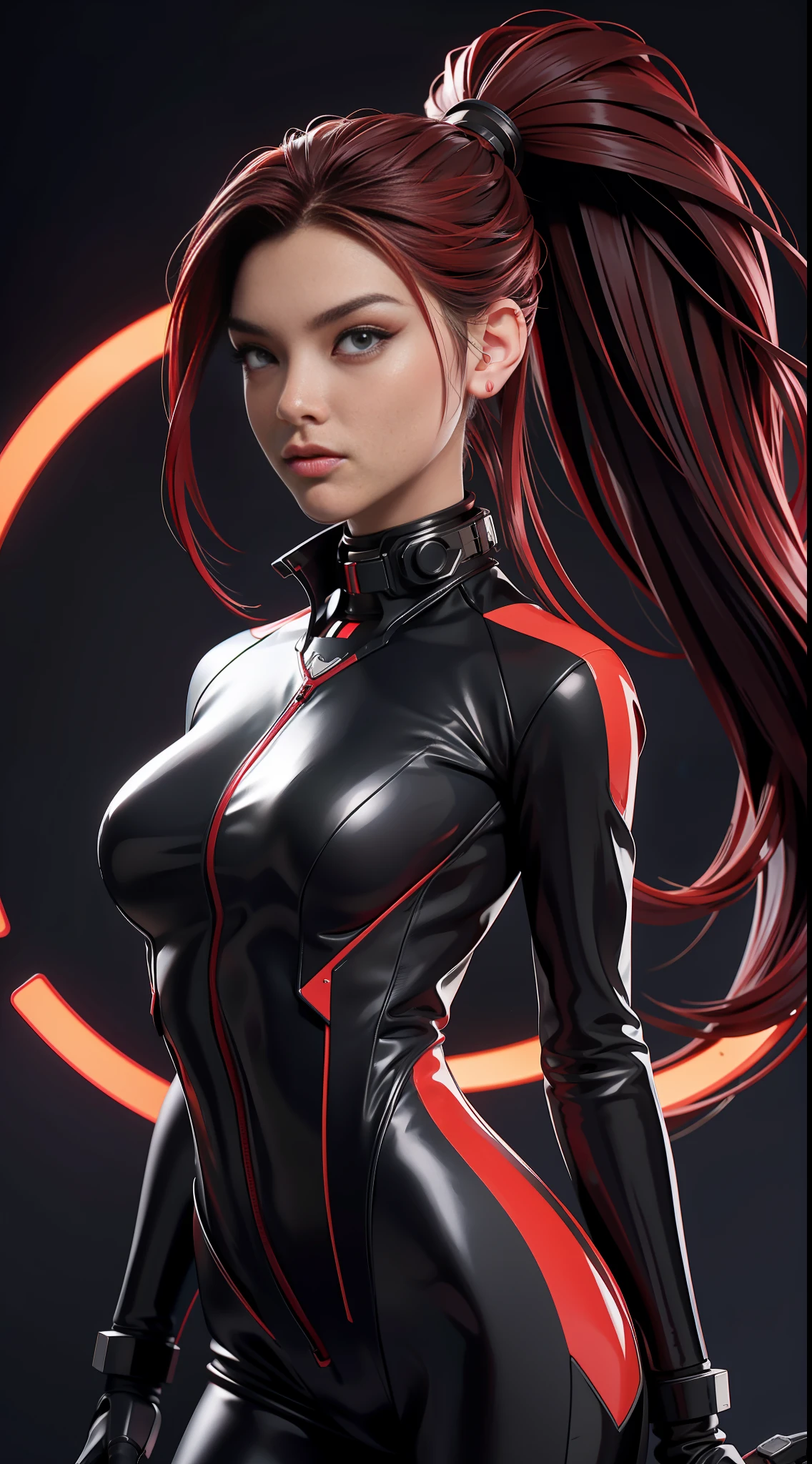 solo, super fine photo, portrait Unreal Engine 5 8K UHD of beautiful and cute girl, ponytail hair, dark red and black color scheme tight cybernetic latex catsuit, cybernetic glove, futuristic design, crimson neon lights details, beautiful make up, luxurious, best quality, masterpiece, official art, unified 8k wallpaper, super detailed, sharp focus, dynamic pose, body parts