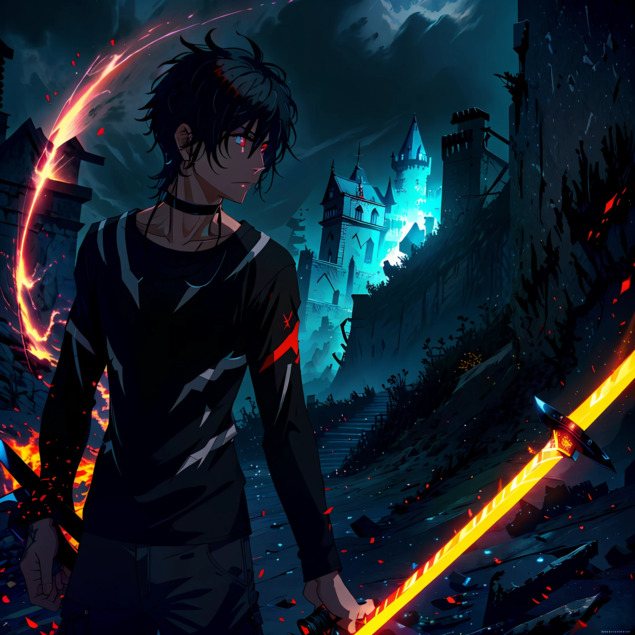 black hair, messy hair, short hair, undercut, neck tattoo, arm tattoo, chest tattoo, muscular constitution, black tunic with long sleeves, black pants glued, wielding a sword, medium sword, sword with black handle and vibrant red hand guard, metallic gray blade, vibrant eye color, yellow and red eye, close up shot, creating a cut in space time,  powerful aura, destroyed castle, very dark, night, 8k, 64k, HD, incomparable masterpiece, dynamic lighting, cinematic, epic digital art of the highest quality, stunning art, 4k wallpaper