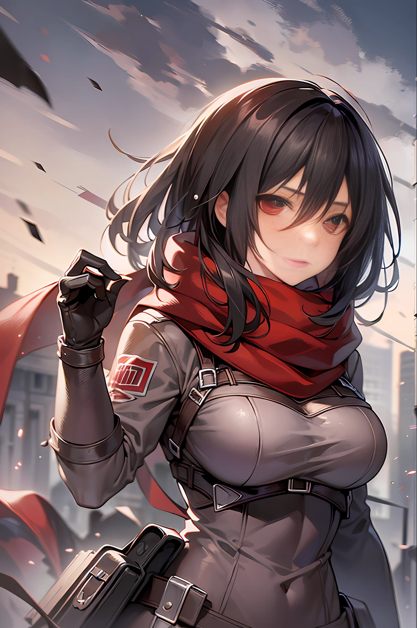 chef-d&#39;œuvre, Meilleure qualité, Gros seins, gros seins, corps parfait, 1 fille, mikasa_ackerman, écharpe rouge, Ciel, sombre, position de combat, bande sinistre, acide butyrique, minimalisme, Art d&#39;impact, ruines, Yeux noirs, Fermer