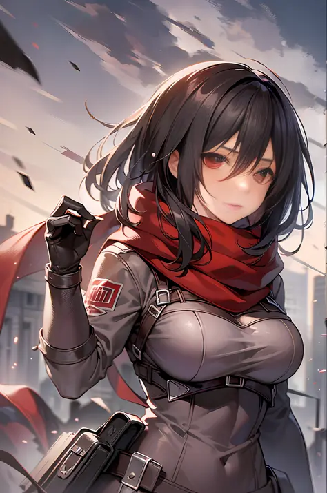 Masterpiece, best quality, big breasts, busty, perfect body, 1 girl, mikasa_ackerman, red scarf, sky, gloomy, fighting stance, s...