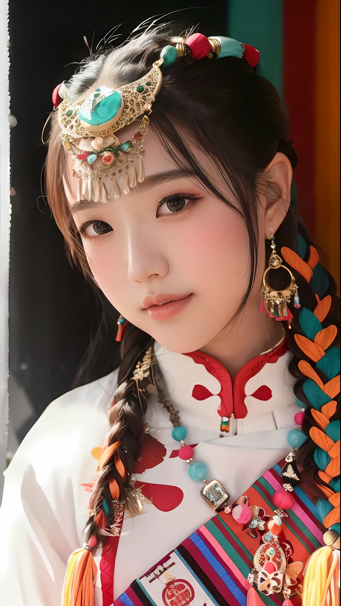 Close up of a woman with colorful headdress and necklace, beautiful korean woman with double eyelids and long doll eyelashes, wan cute korean face, korean girl, traditional beauty, young cute korean face, jaeyeon nam, lalisa manobal, beautiful korean young woman, korean woman, portrait of korean female idol, kim young-sin, gorgeous korean young woman, lee ji-eun, ultra hd, perfect details, realistic picture, ultimate picture quality, perfect character structure, ultra-wide angle lens, Dynamic angle, highest precision, 8k resolution, tone and dark, 8k, Ultra HD, 8K HD-ar 9:16 v1