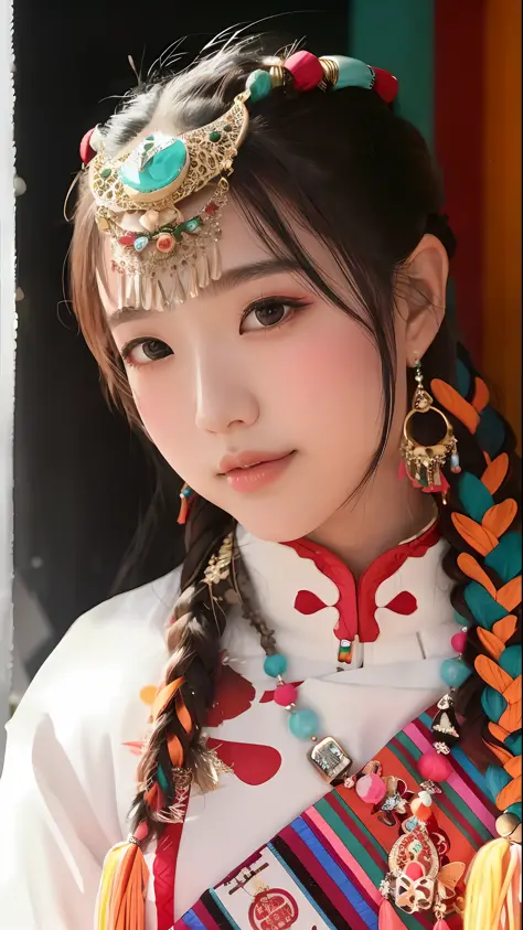 Close up of a woman with colorful headdress and necklace, beautiful korean woman with double eyelids and long doll eyelashes, wa...