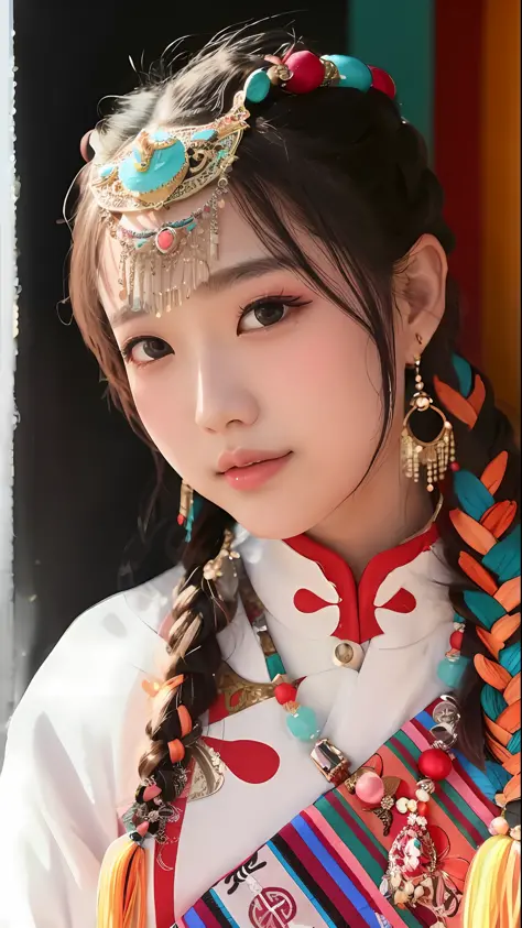 Close up of a woman with colorful headdress and necklace, beautiful korean woman with double eyelids and long doll eyelashes, wa...