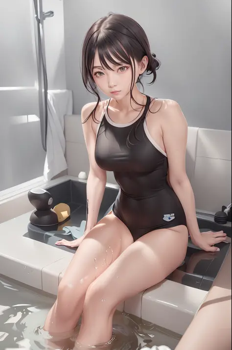 there is a woman sitting in a bathtub with a black swim suit, cute girl wearing tank suit, is wearing a swimsuit, wet swimsuit, swimsuit, ilya kuvshinov. 4 k, bathing suit, artwork in the style of guweiz, in retro swimsuit, in bathroom, wearing leotard, se...