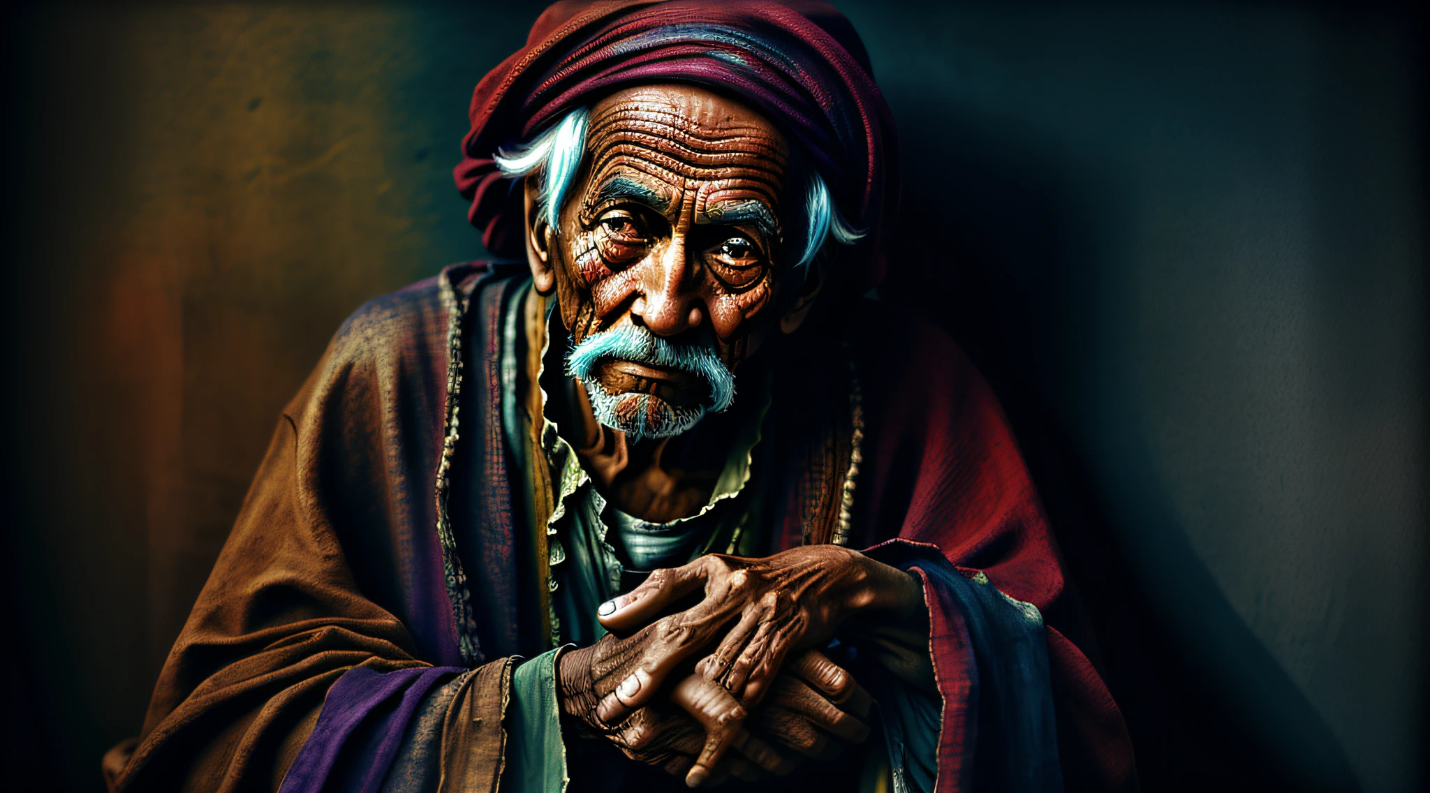 An old beggar, colorful,
yang08k, photography, beautiful,  black background,
masterpieces, top quality, best quality, official art, beautiful and aesthetic,  realistic,
