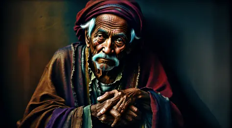 An old beggar, colorful,
yang08k, photography, beautiful,  black background,
masterpieces, top quality, best quality, official a...