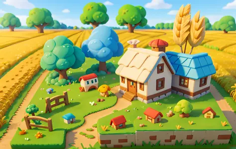 (Micro farm landscape), (isometric: 1), cartoon style, (sandbox game style), (white background), best quality, wheat field, lights, clear sky, outdoor, landscape, clouds, sky, grass,3D, 8k, HDR, HD, movie grain. Blue sky, white clouds, small trees, clean b...