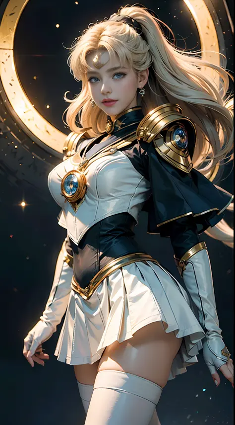 (Extreme detail CG Unity 8K wallpaper, masterpiece, highest quality), (exquisite lighting and shadow, highly dramatic picture, cinematic lens effect), (Sailor Moon: 1.1), charming smile, double tail, blue eyes, blond hair, tight top, white gloves, mini ski...