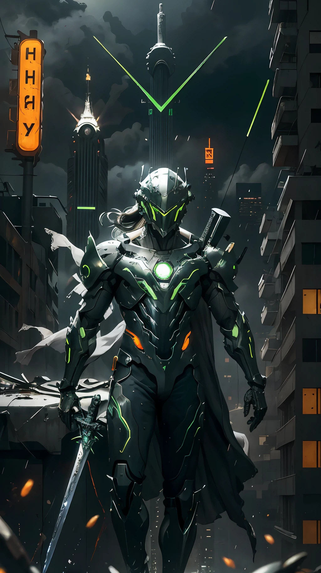 A mech, silver and white long ponytail, V-shaped mechanical helmet, green light on the eye area, wearing a sexy mech suit, red torn cloak swaying in the wind, a green glowing broad sword, night, rain, a ruined cyberpunk city in the book of apocalypse, sitting on a large neon billboard on a tall building, lifelike, best image quality, highest definition and clarity, original, surrealism, high detail, futurism, action painting, chiaroscuro, cinematic lighting, ray tracing, reflected light, denim shot,