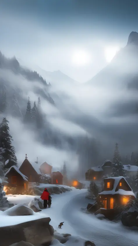 dark christmas, north pole, mountain with fog, dark, terror, macabre village, beggar, hyper-realistic, village with many houses,...