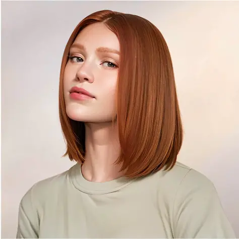 a close up of a woman with a short red hair, chin-length hair, red hair and attractive features, straight hairstyle, hair dyed t...