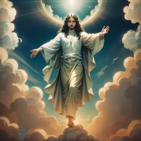Jesus floating in the air on top of clouds with a light shining brightly on his face --auto --s2