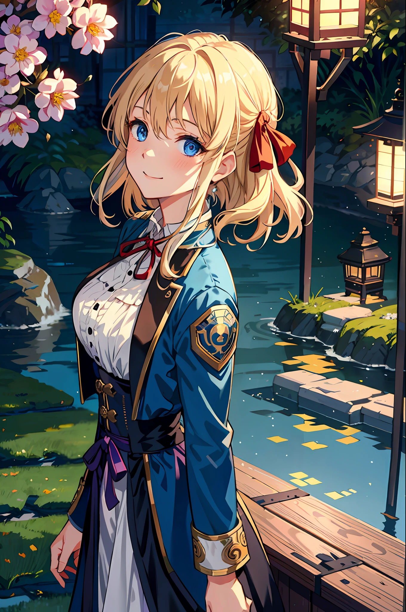 violet_evergarden, highres, high quality, illustration, ultra detailed, (detailed face), (detailed eyes), soft lighting, best quality, hyper detailed, masterpiece, 1girl, solo, blonde hair, blue eyes, red ribbon, jewelry, jacket, dress, gem, hair_ribbon, luminous eyes, medium breasts, (colorful), cowboy shot, smile, Outdoor, morning, lake, Trees, stone, flowers, Japanese lantern, wood