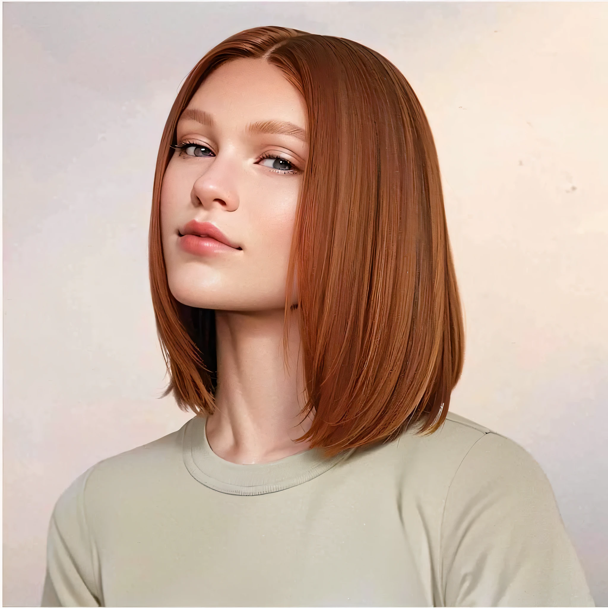 eine Nahaufnahme einer Frau mit kurzen roten Haaren, kinnlanges Haar, rote Haare und attraktive Gesichtszüge, gerade Frisur, Haare haselnussbraun gefärbt, long Bob-Frisur, kastanienbraunes Haar, Bob-Frisur, Kupfer kurzes Haar, short Kupferfarbenes Haar, Kupferfarbenes Haar, weiches rotes Haar, Bob-Frisur hair, Kopf- und Schulterfotografie, mittellanger Bob