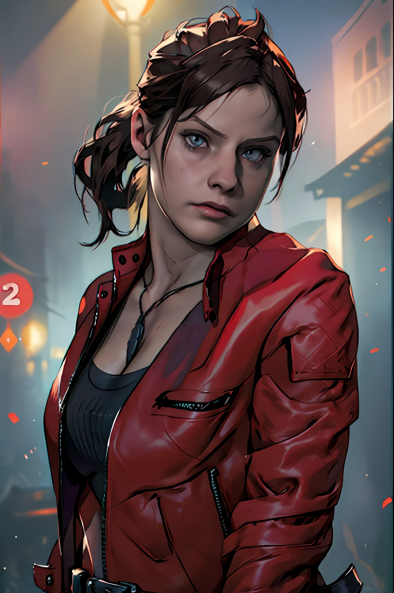 Claire Redfield (Residente mal 2), rosto jovem, melhor qualidade, obra de arte, vestindo uma blusa preta por dentro, jaqueta de couro vermelha brilhante de manga comprida por fora, laço de cabelo com rabo de cavalo, cor de cabelo castanho escuro, cabelo longo, seios, ruas escuras ao fundo, noite, atmosfera escura, profundidade de campo, rosto macio, rosto detalhado, Alta resolução:1.2,