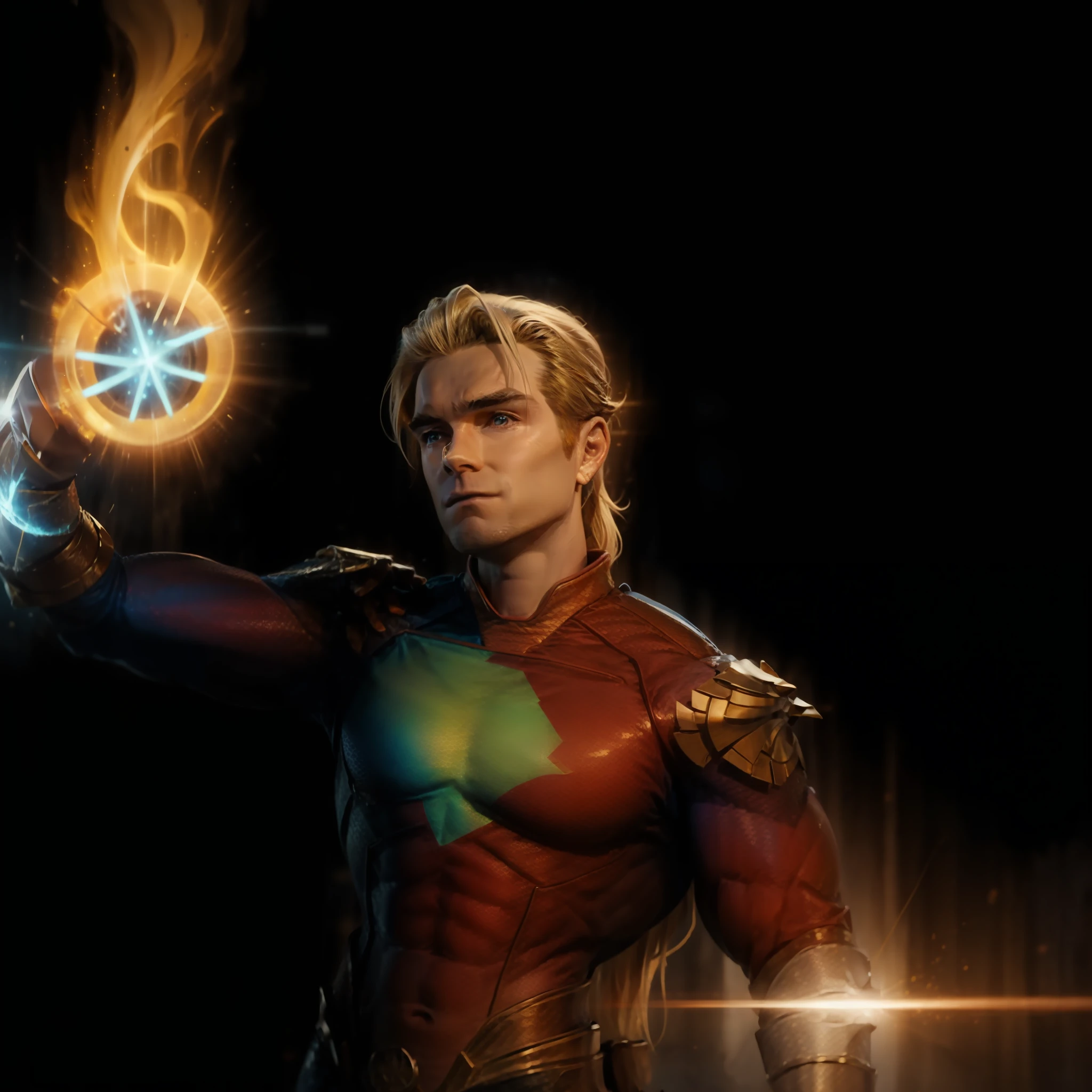 Arafed young man with long blonde hair 21 years old without a beard in a graphite or black wetsuit with bright orange veins like yellow led, Boys Homelander, no beard, smooth skin, Quicksilver, 3D render of Jerma 9 8 5, homelander, full portrait of Electromancer, orange yellowish human torch, light background, Reed Richards,  Aquaman, amazing wallpaper, powerful male man, he man, on the wall there is the name SPINNER written with neon --auto --s2