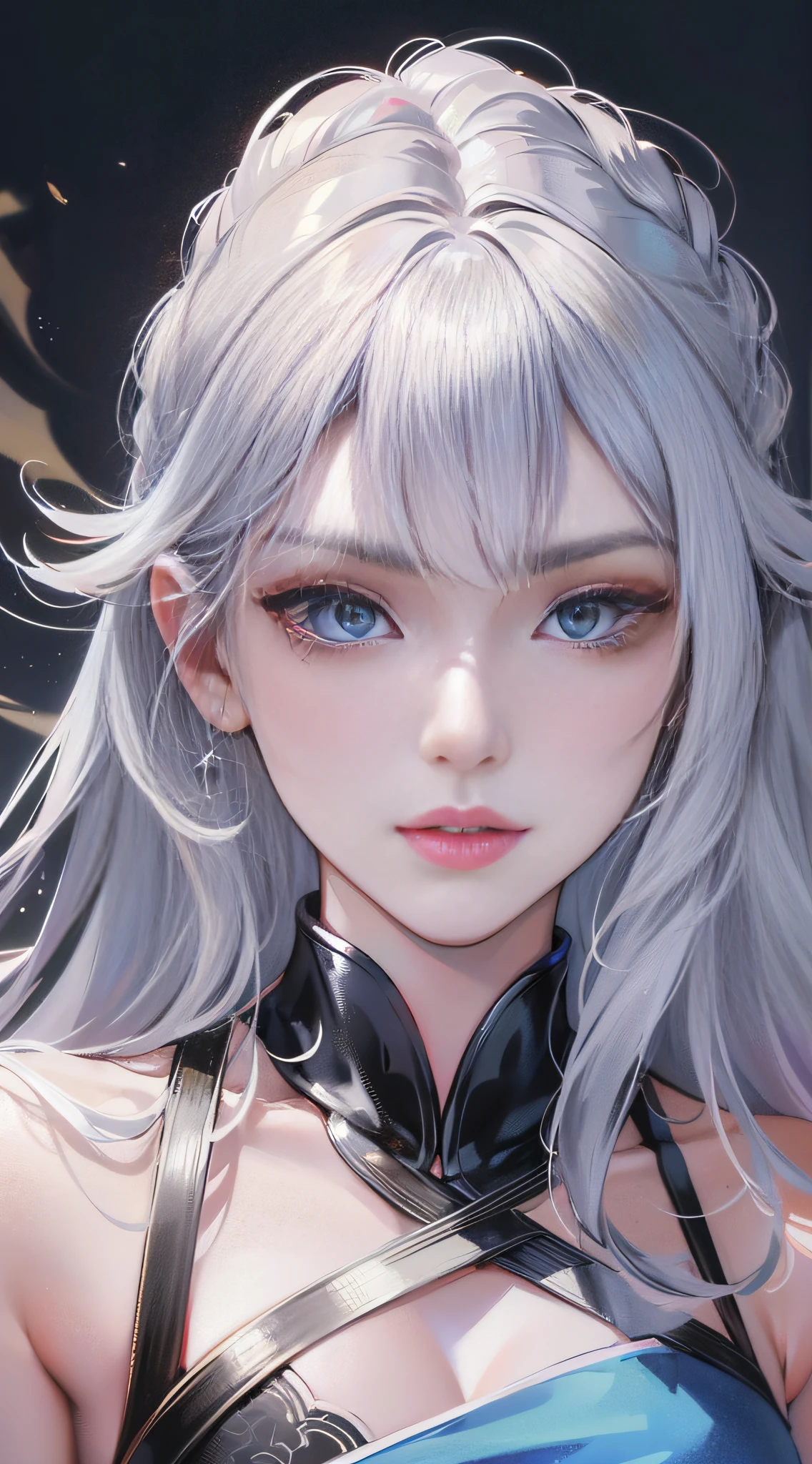 Masterpiece, Excellent, Chinese Style, Ancient China, 1 Woman, Mature Woman, Super Delicate Face, Delicate Eyes, Focused Eyes, Silver White Long Haired Woman, Gray Blue Eyes, Pale Pink Lips, Indifference, Serious, Bangs, Assassin, Sword, White Clothes, Blood, Violence, Death, Injury, Blood, Facial Bloodstain, Lots of Blood, Facial Details, Facial Details, Simple and Clean Background, Peaceful Space, Stunning Lighting, C4D, OC Rendering, Movie Edge Light, Fine Light, 32K, 4K Resolution