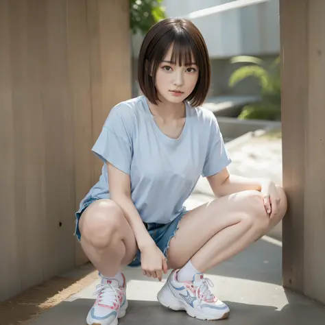 (Best Quality, 8k, 32k, Masterpiece, UHD: 1.2), Cute Japan Woman Pictures, 23 Years Old, L (Leading Lead: 1.3), Squatting, (from top: 1.3), POV, Loose white T-shirt, Denim shorts, Legs closed, Nipple slip, Wearing sneakers, Outdoor, Brown hair, Bob hair, S...