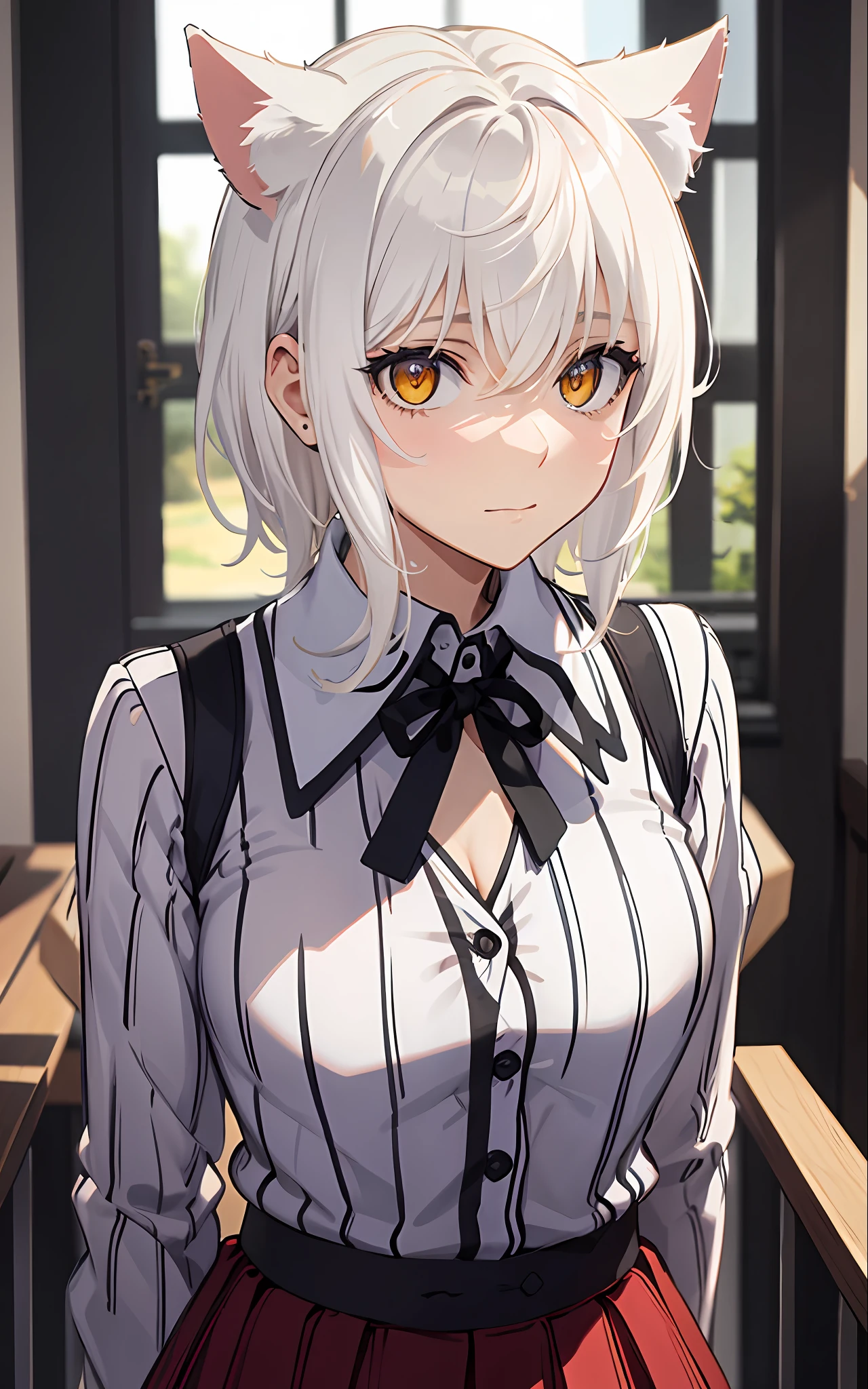 Best Quality, (Masterpiece:1.2), Highly Detailed, Standing, School, Indoor, Cat Ears, 1girl, solo, tojo koneko, looking at the viewer, closed mouth, slight smile, top, yellow eyes, white hair, short hair, hair decoration, school uniform, cleavage, striped shirt, unbuttoned shirt, red skirt, black neck band, erotica, (on the face, a lot of)