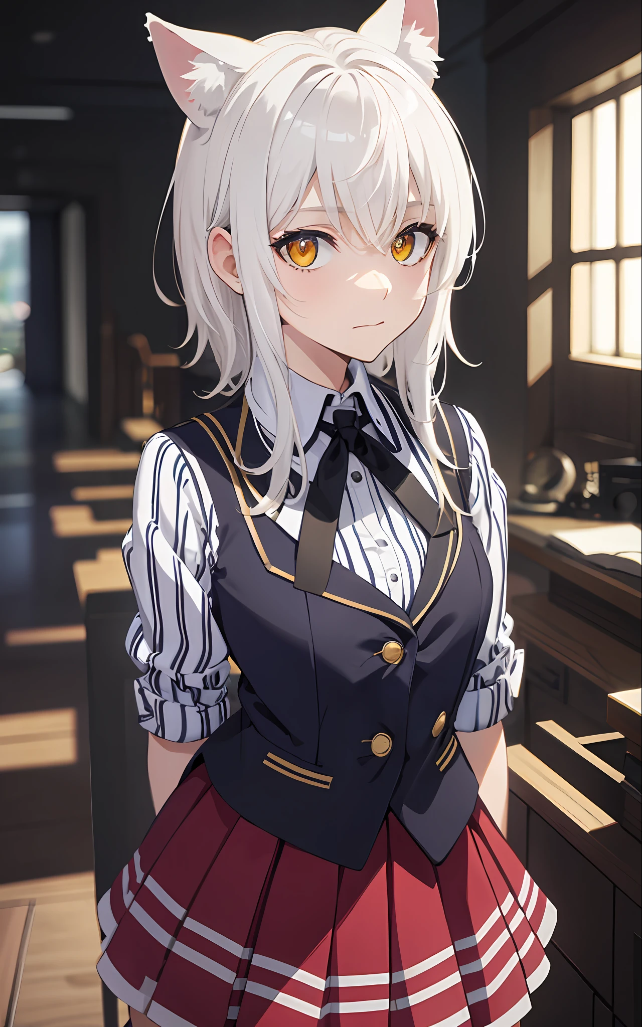 Best Quality, (Masterpiece:1.2), Highly Detailed, Standing, School, Indoor, Cat Ears, 1girl, solo, tojo koneko, looking at the viewer, closed mouth, slight smile, top, yellow eyes, white hair, short hair, hair decoration, school uniform, cleavage, striped shirt, unbuttoned shirt, red skirt, black neck band, erotica, (on the face, a lot of)