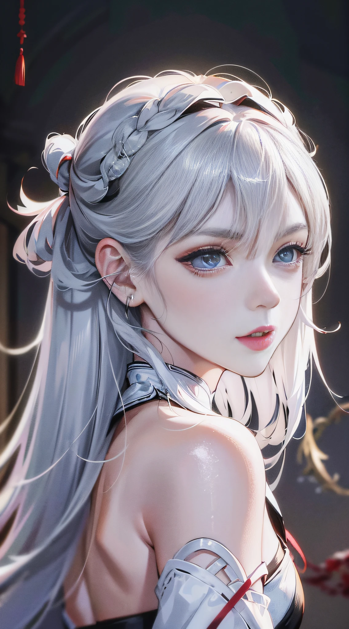 Masterpiece, Excellent, Chinese Style, Ancient China, 1 Woman, Mature Woman, Super Delicate Face, Delicate Eyes, Focused Eyes, Silver White Long Haired Woman, Gray Blue Eyes, Pale Pink Lips, Indifference, Serious, Bangs, Assassin, Sword, White Clothes, Blood, Violence, Death, Injury, Blood, Facial Bloodstain, Lots of Blood, Facial Details, Facial Details, Simple and Clean Background, Peaceful Space, Stunning Lighting, C4D, OC Rendering, Movie Edge Light, Fine Light, 32K, 4K Resolution