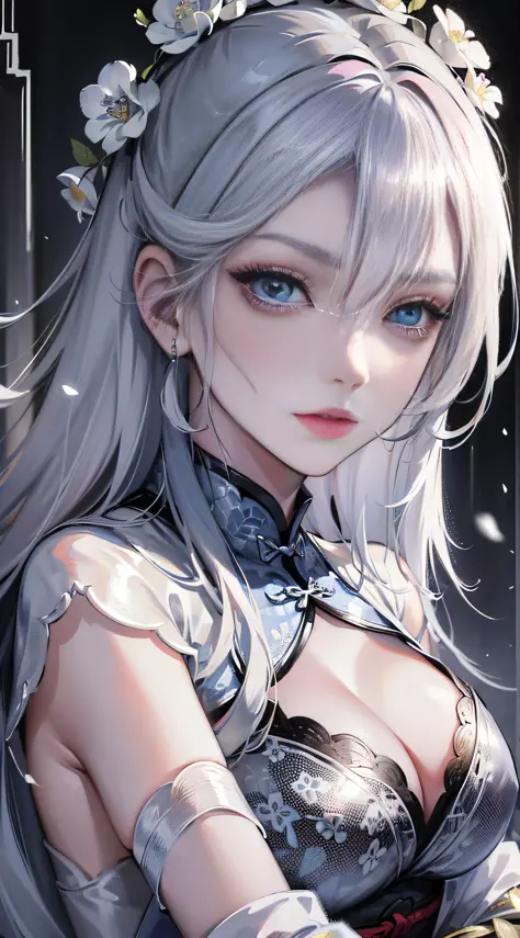 Masterpiece, Excellent, Chinese Style, Rain, Ancient China, 1 Woman, Mature Woman, Silver-White Long-Haired Woman, Gray-Blue Eyes, Pale Pink Lips, Indifference, Seriousness, Bangs, Assassin, Sword, White Clothes, Blood, Violence, Death, Injury, Blood, Faci...