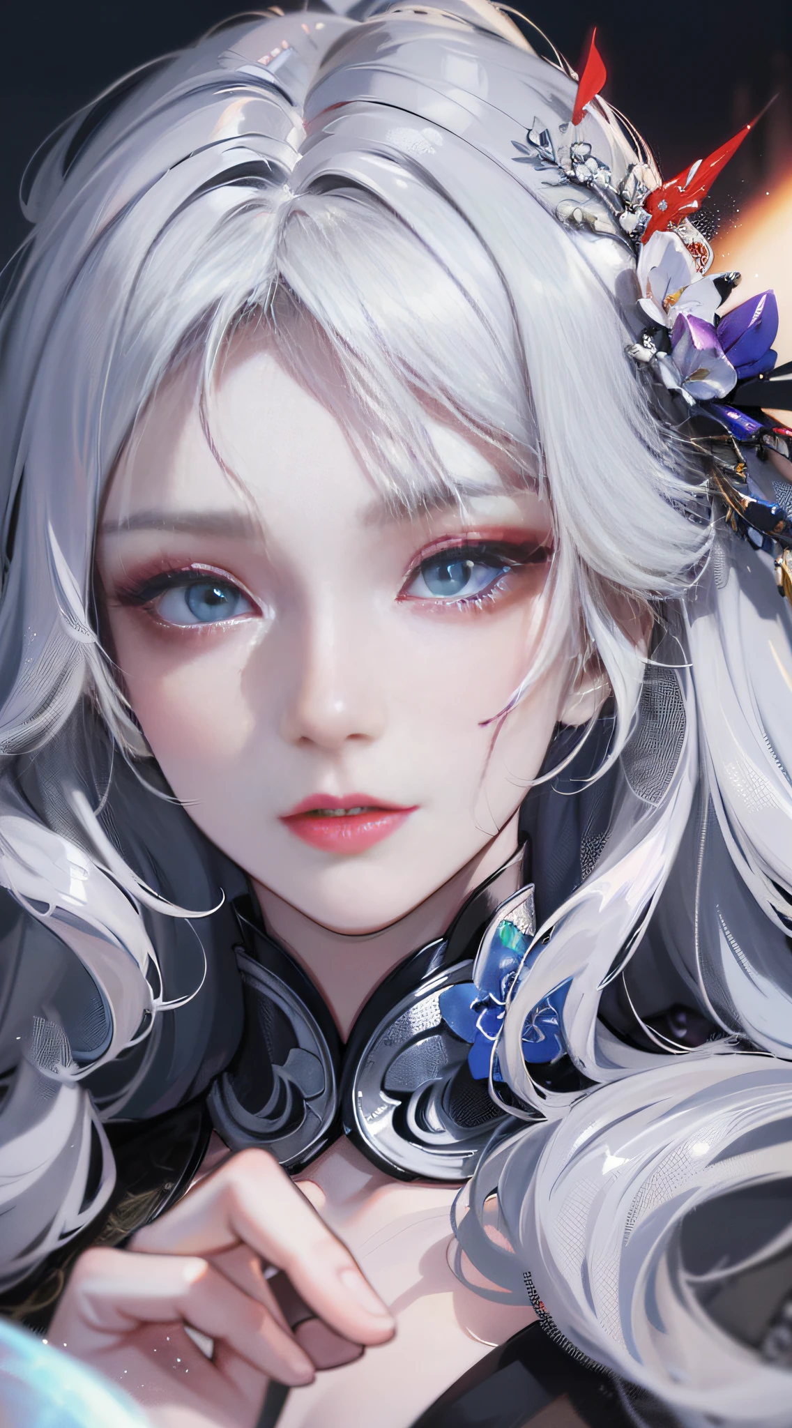 Masterpiece, Excellent, Chinese Style, Ancient China, 1 Woman, Mature Woman, Super Delicate Face, Delicate Eyes, Focused Eyes, Silver White Long Haired Woman, Gray Blue Eyes, Pale Pink Lips, Indifference, Serious, Bangs, Assassin, Sword, White Clothes, Blood, Violence, Death, Injury, Blood, Facial Bloodstain, Lots of Blood, Facial Details, Facial Details, Simple and Clean Background, Peaceful Space, Stunning Lighting, C4D, OC Rendering, Movie Edge Light, Fine Light, 32K, 4K Resolution