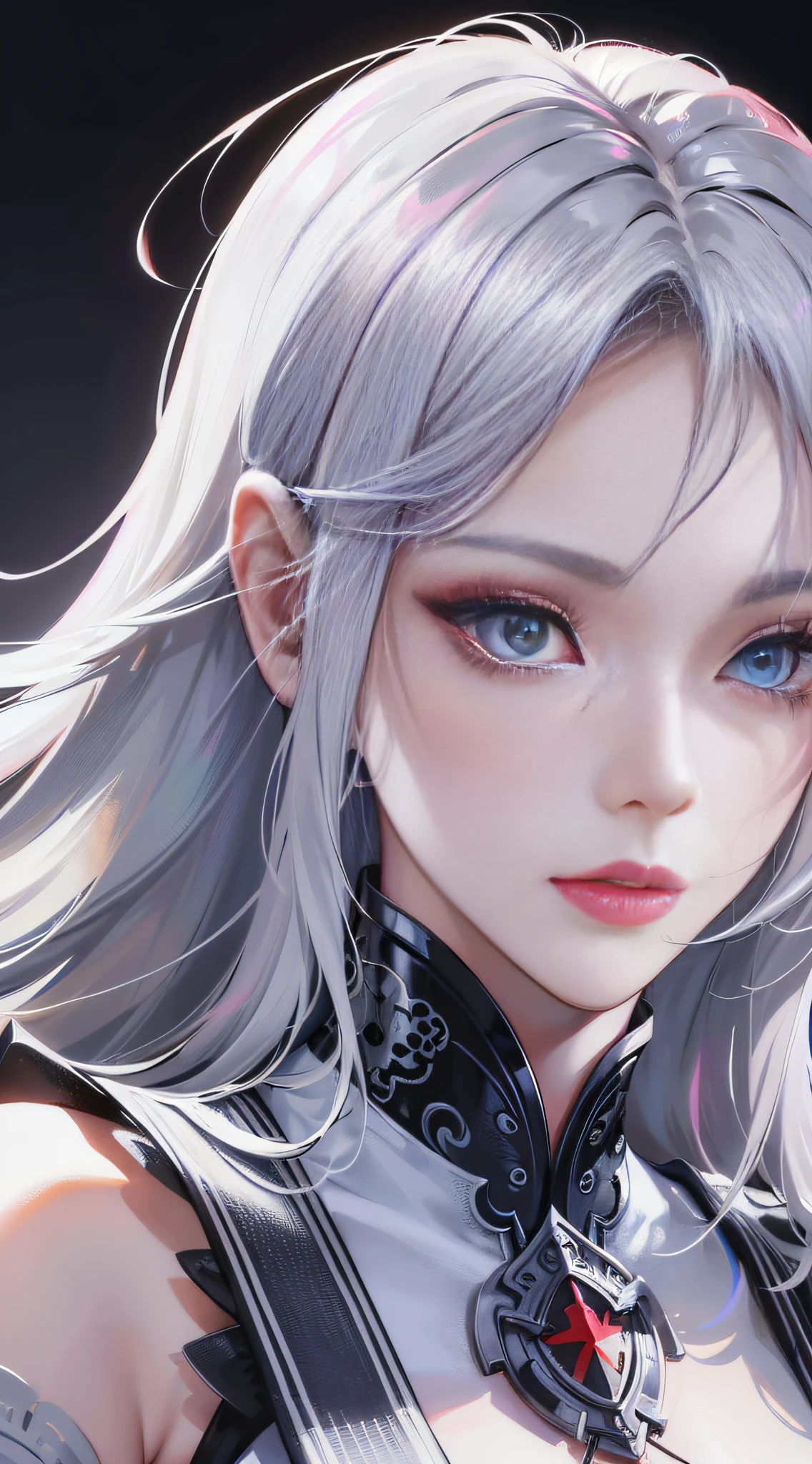 Masterpiece, Excellent, Chinese Style, Ancient China, 1 Woman, Mature Woman, Super Delicate Face, Delicate Eyes, Focused Eyes, Silver White Long Haired Woman, Gray Blue Eyes, Pale Pink Lips, Indifference, Serious, Bangs, Assassin, Sword, White Clothes, Blood, Violence, Death, Injury, Blood, Facial Bloodstain, Lots of Blood, Facial Details, Facial Details, Simple and Clean Background, Peaceful Space, Stunning Lighting, C4D, OC Rendering, Movie Edge Light, Fine Light, 32K, 4K Resolution